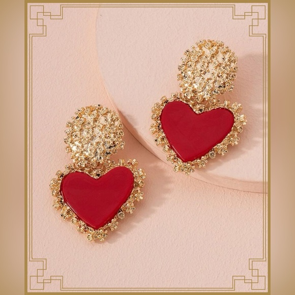 Jewelry - ❀ Chunky Gold & Red Valentines Heart Drop Pierced Earrings